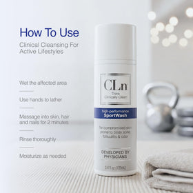 Person using CLn SportWash in shower illustrating post-workout hygiene benefit