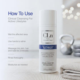 CLn SportWash next to a common bottle to illustrate the 12 fl oz scale