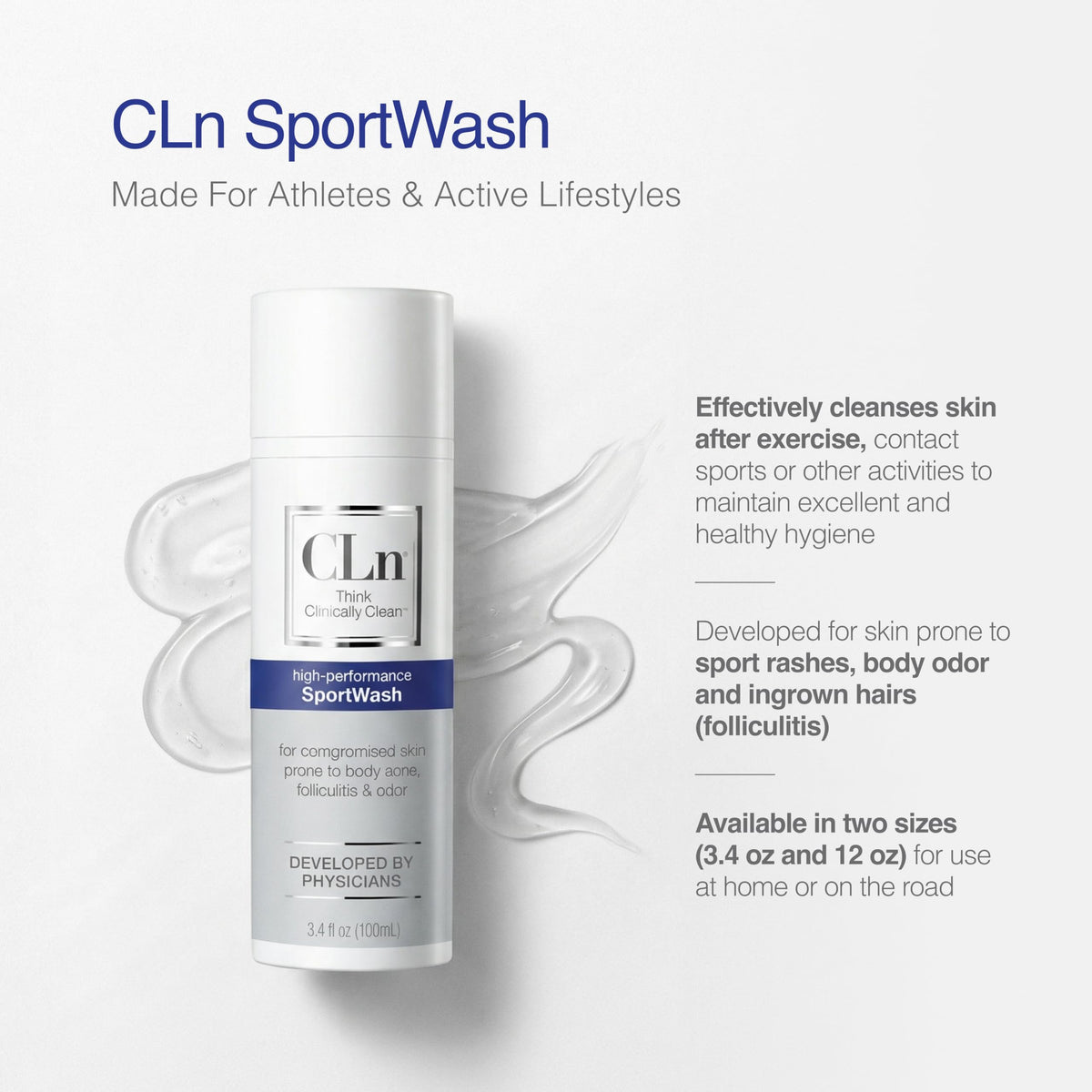 CLn SportWash next to credit card for scale showing 3.4 fl oz portability