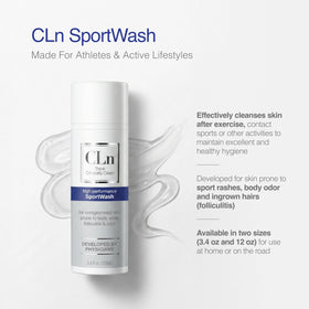 CLn SportWash next to credit card for scale showing 3.4 fl oz portability