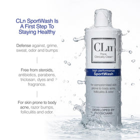 CLn SportWash in shower being applied post-workout for quick hygiene