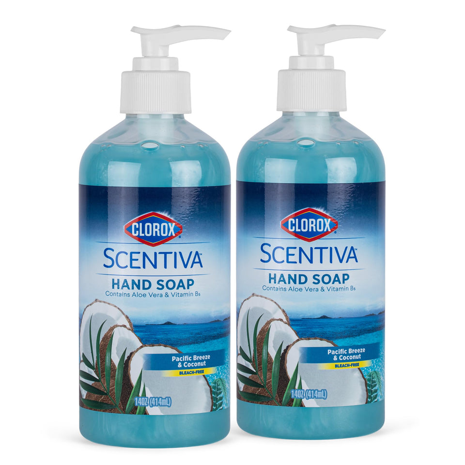 Clorox Scentiva front packaging showing two 14 fl oz bottles, clear labeling and scent