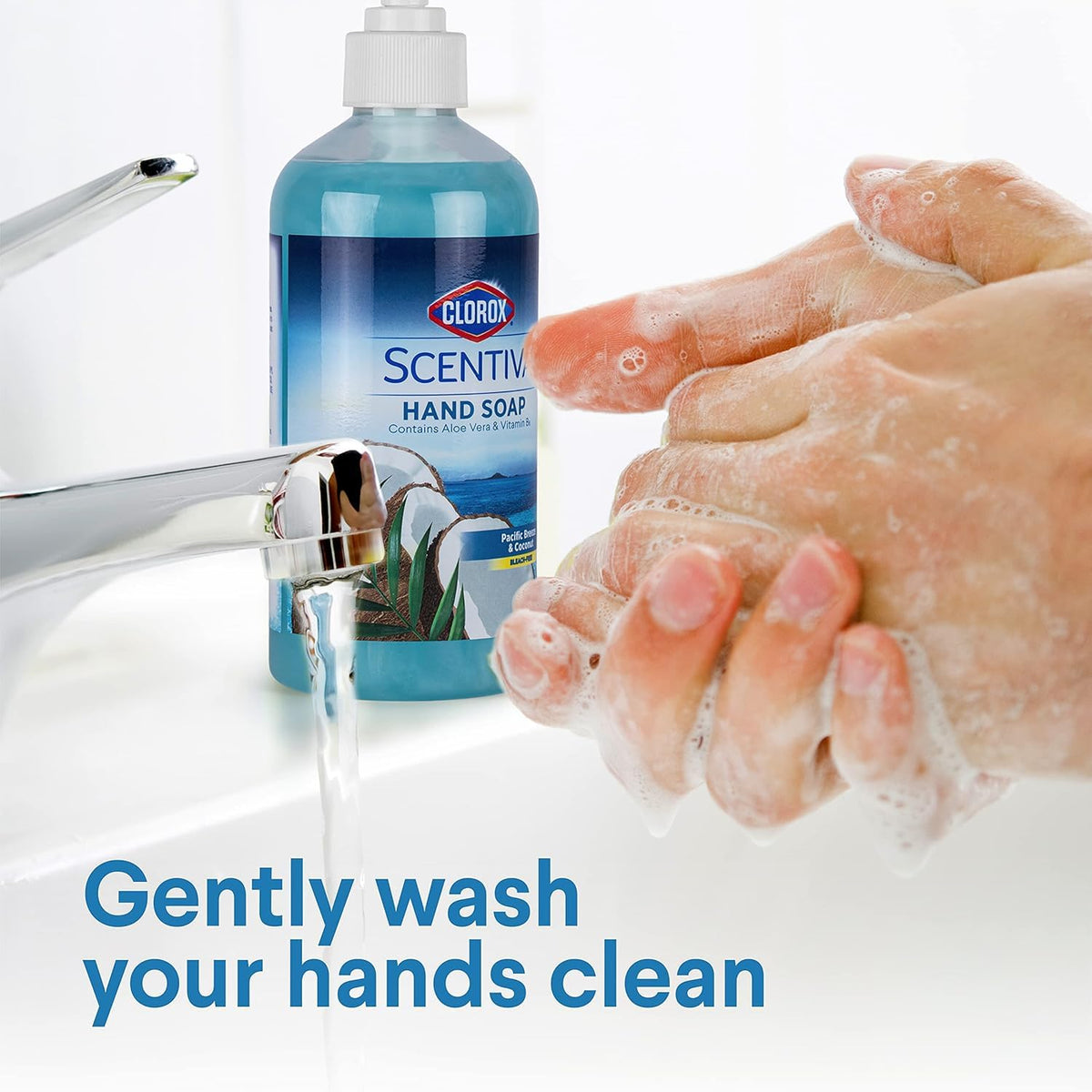 Clorox Scentiva beside sink for scale showing bottle size and convenient placement