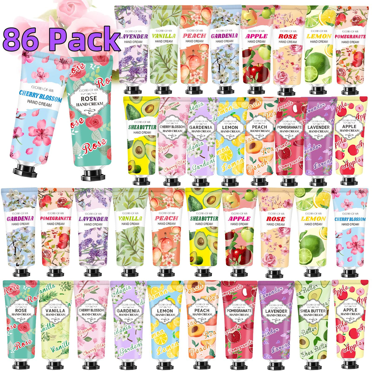 CLOTHES OF SKIN front packaging showing 86 tubes and scent variety, convenient gifting