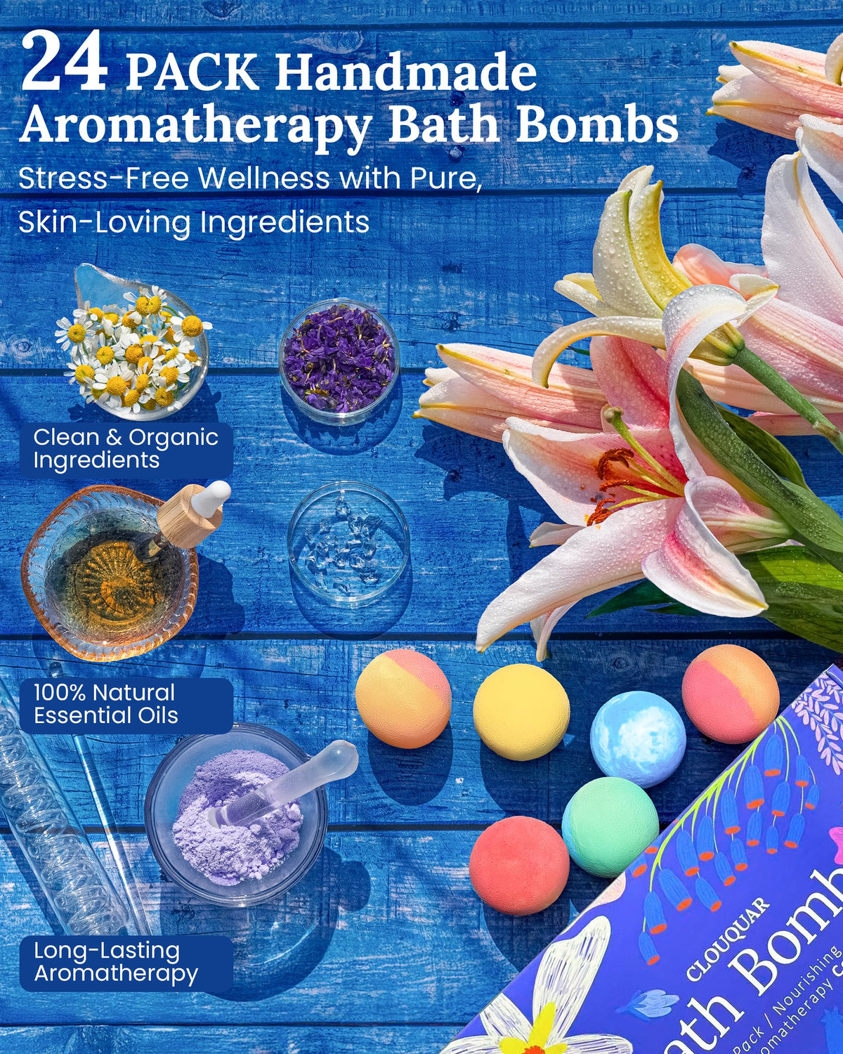CLOUQUAR bath bomb dissolving in tub releasing color and calming scent