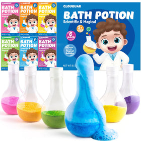 CLOUQUAR front packaging showing all six colorful bath potion bottles and benefits