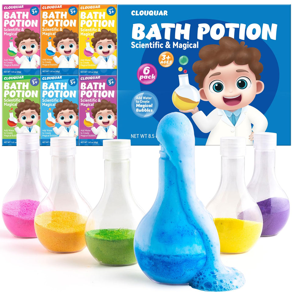 CLOUQUAR front packaging showing all six colorful bath potion bottles and benefits