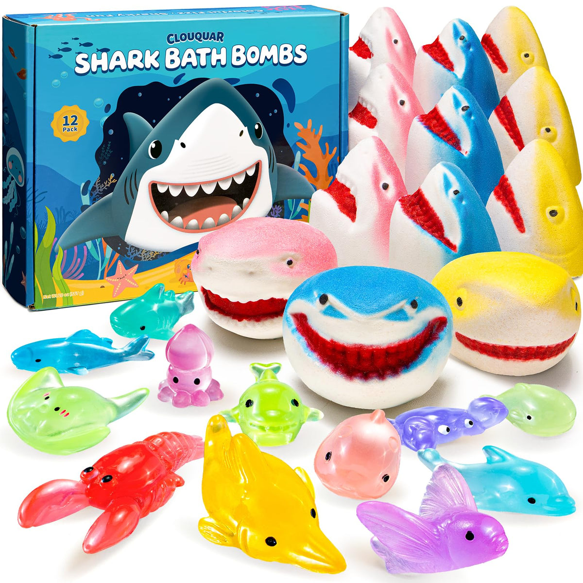 CLOUQUAR box front showing 12 shark bath bombs and colorful packaging, perfect gift