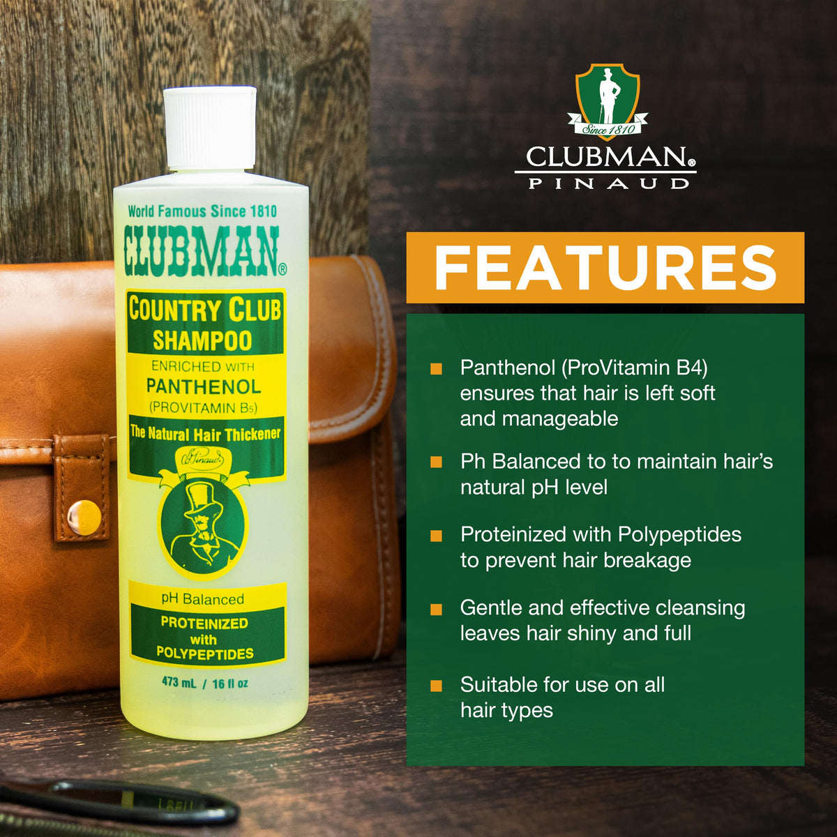 Man using Clubman shampoo in shower for gentle cleansing benefit