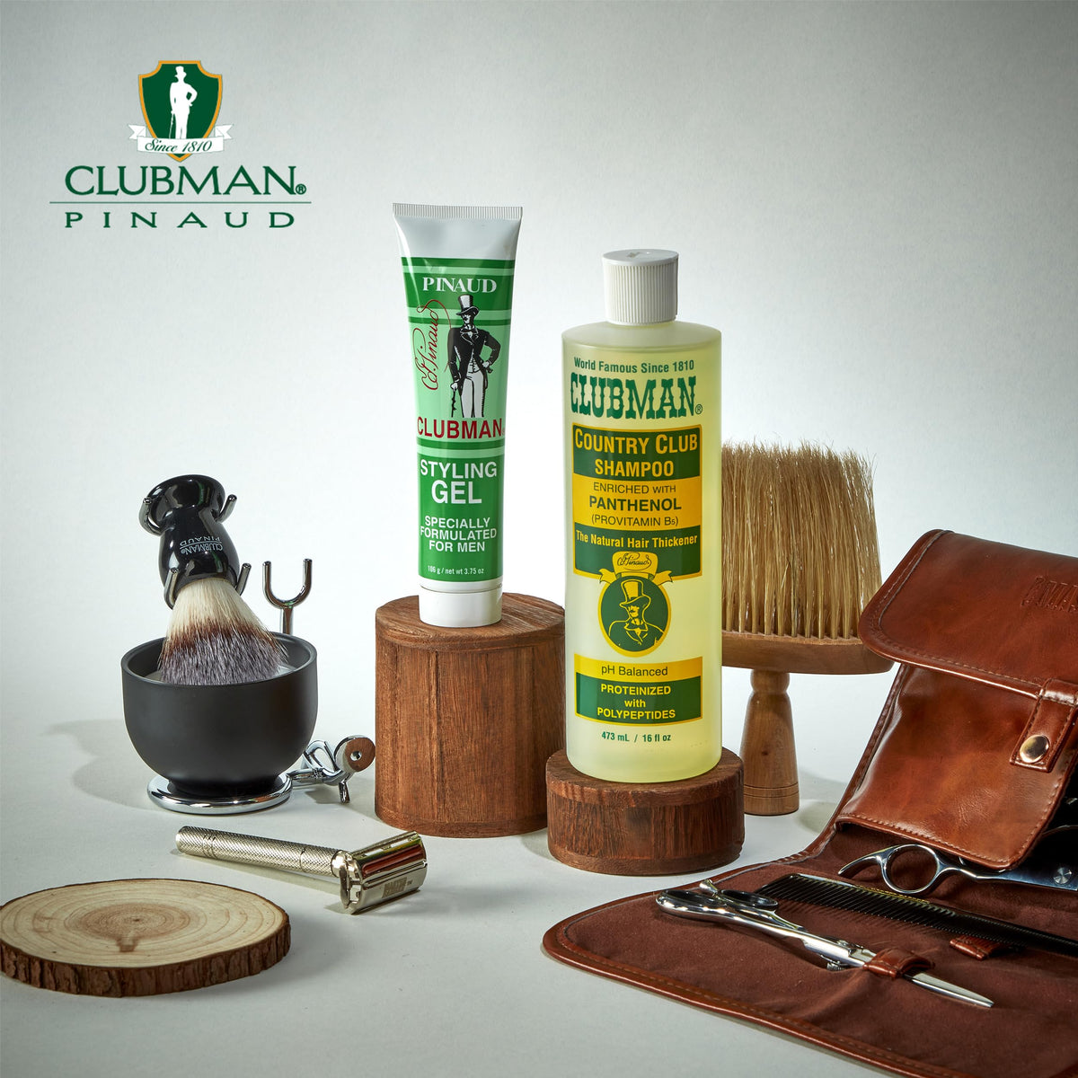 Clubman shampoo on bathroom vanity conveying polished grooming result