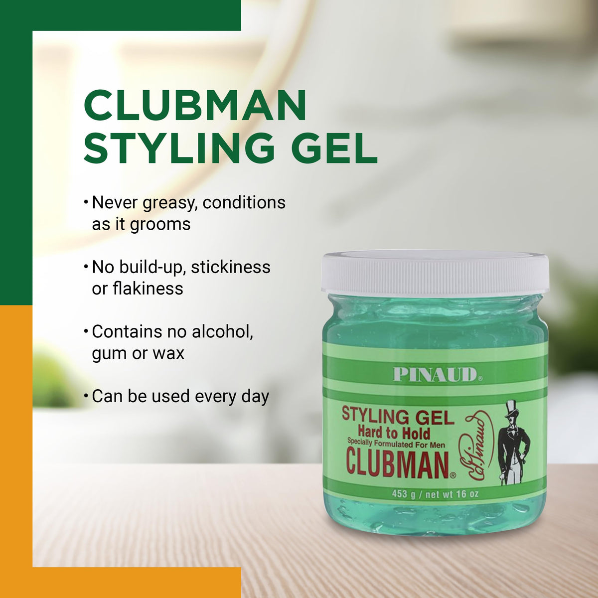Clubman gel texture close-up illustrating clear non-greasy formula benefit