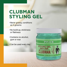 Clubman gel texture close-up illustrating clear non-greasy formula benefit