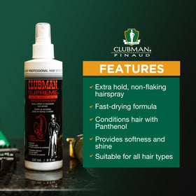 Man using Clubman hairspray in mirror for quick styling and long-lasting hold