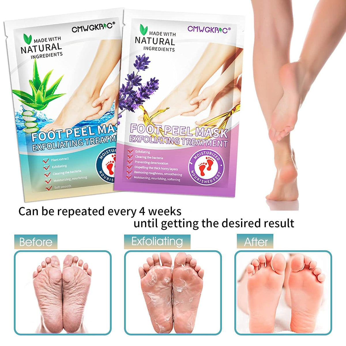 CMWGKBC person wearing foot masks with socks for hands-free treatment benefit