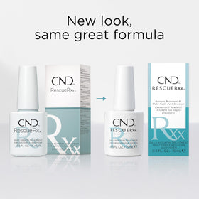 CND RescueRxx labeled bottle closeup focusing on brand and product for authenticity assurance