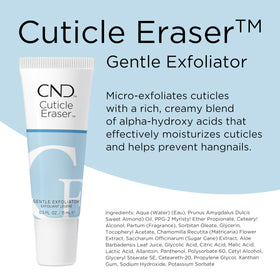Closeup of CND Cuticle Eraser label listing AHAs and botanicals for soothing
