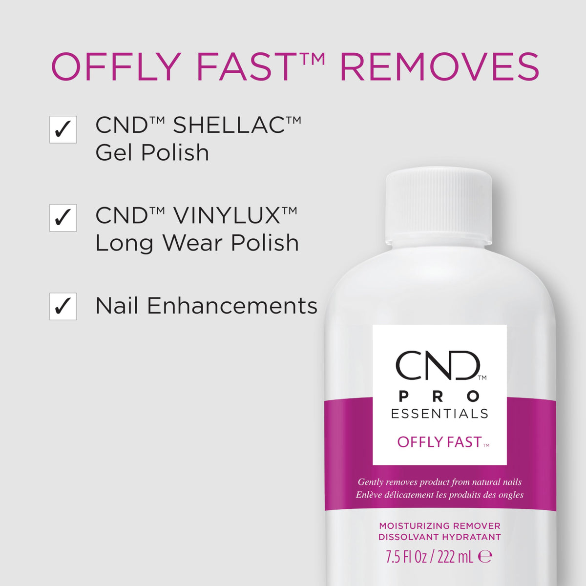 CND OFFLY FAST label close-up highlighting product name and usage benefits