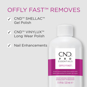 CND OFFLY FAST label close-up highlighting product name and usage benefits