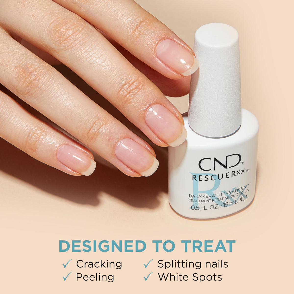 CND RescueRxx texture on nail showing smooth absorption and visible moisturizing effect