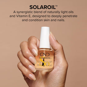 CND SolarOil droplet close-up on fingertip, highlights fast absorption benefit