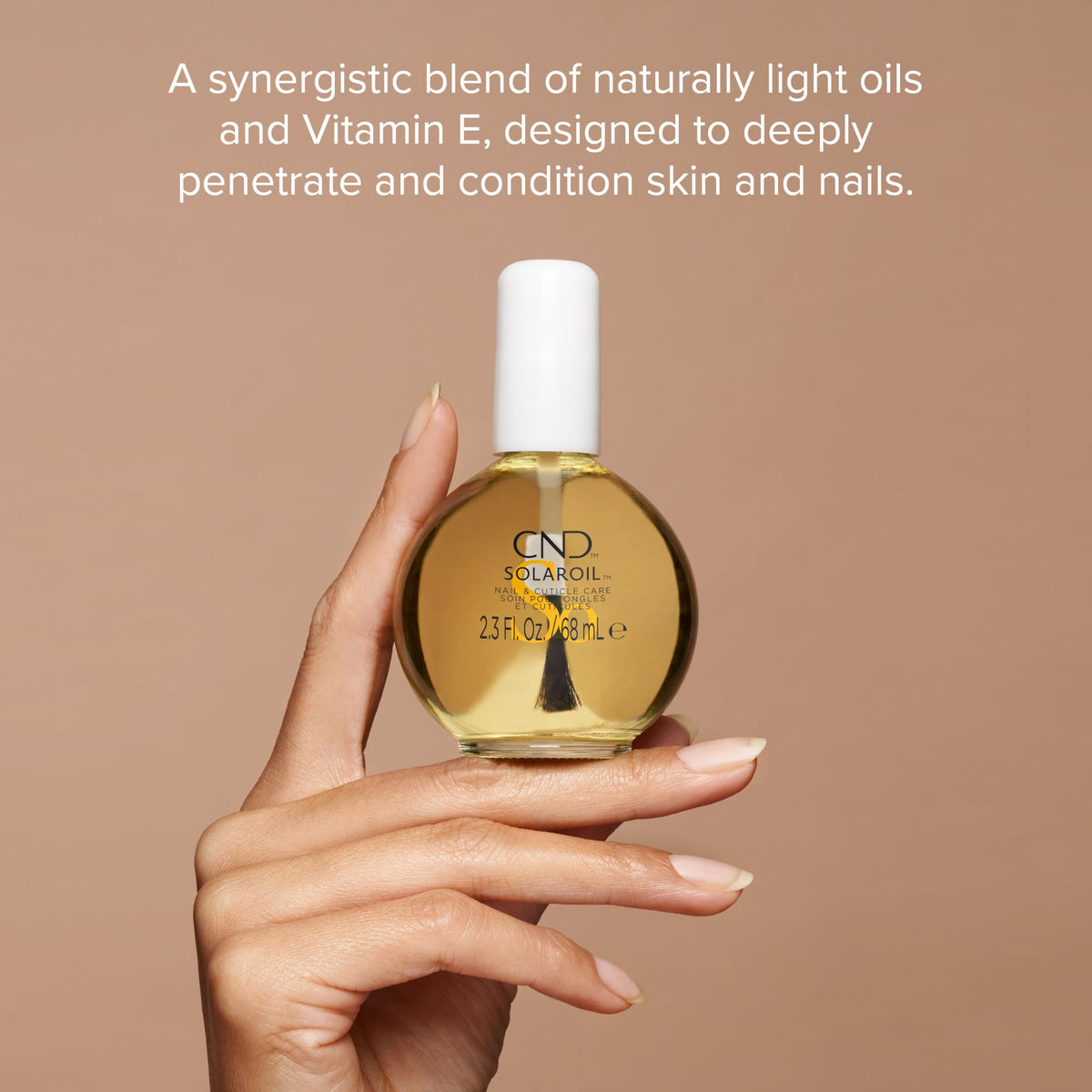 Close-up of CND SolarOil label highlighting ingredients and quick absorption benefit