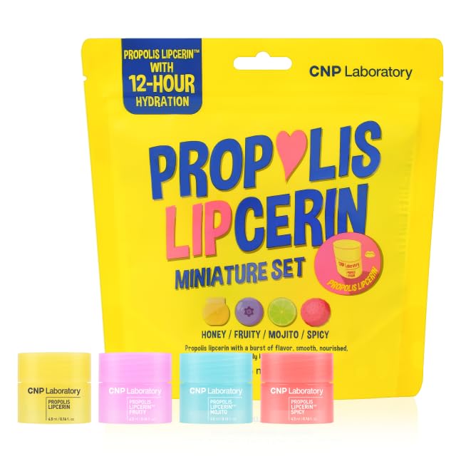 CNP front packaging of mini set shows four travel lip balms benefit: compact gift-ready