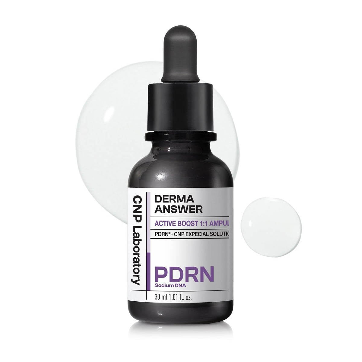 CNP bottle front view showing PDRN ampoule and compact 30ml size benefit