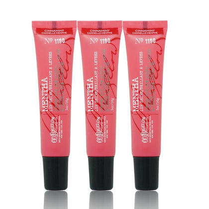 C.O. Bigelow front packaging showing three cinnamint lip shine tubes and glossy finish benefit