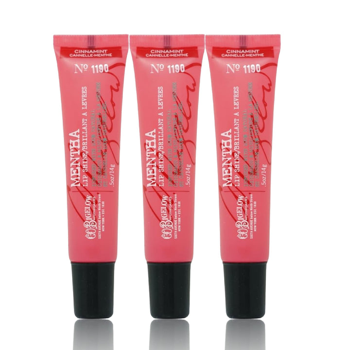C.O. Bigelow front packaging showing three cinnamint lip shine tubes and glossy finish benefit