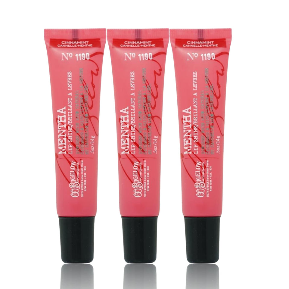 C.O. Bigelow front packaging showing three cinnamint lip shine tubes and glossy finish benefit