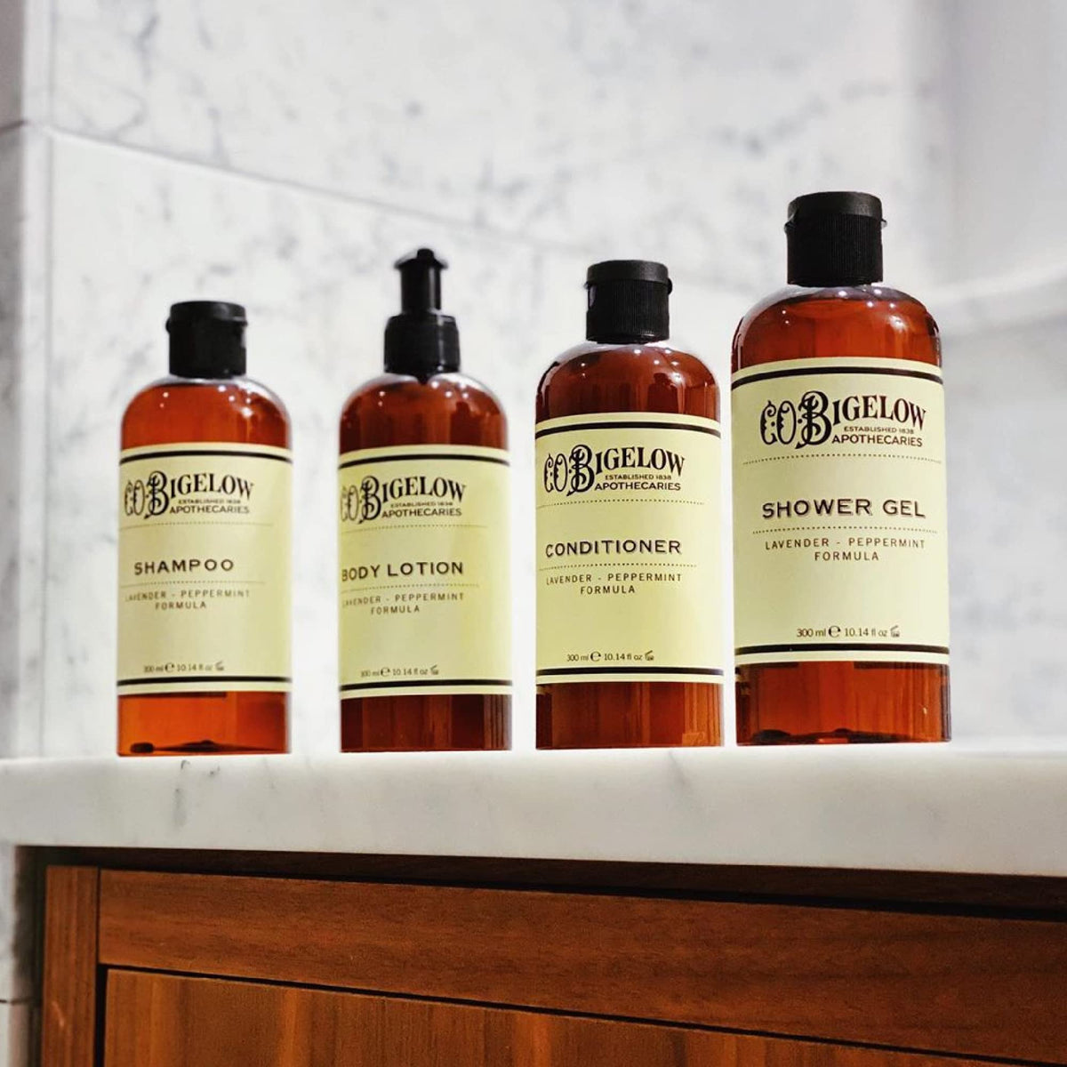 C.O. Bigelow bottle styled on bathroom shelf for daily routine and aesthetic benefit