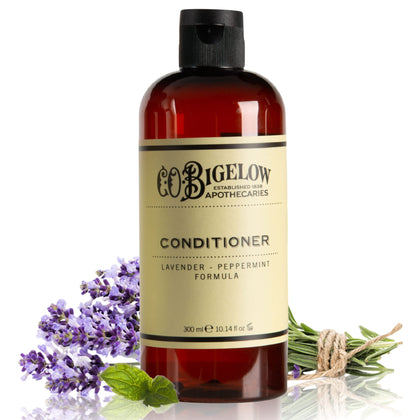 C.O. Bigelow front bottle showing lavender peppermint conditioner and clear benefits