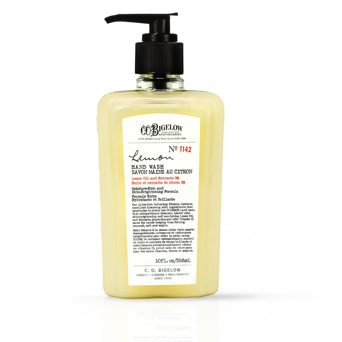 C. O. Bigelow front pump bottle showing lemon hand wash benefits