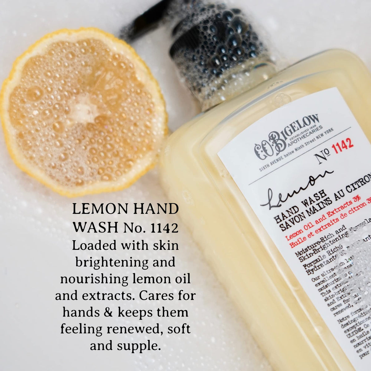 C. O. Bigelow clear label close-up highlighting ingredients and scent