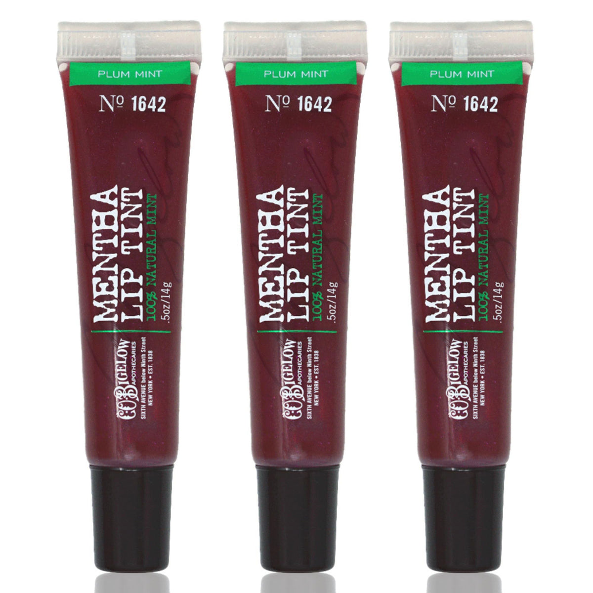 C.O. Bigelow front packaging showing trio and glossy plum tint benefit
