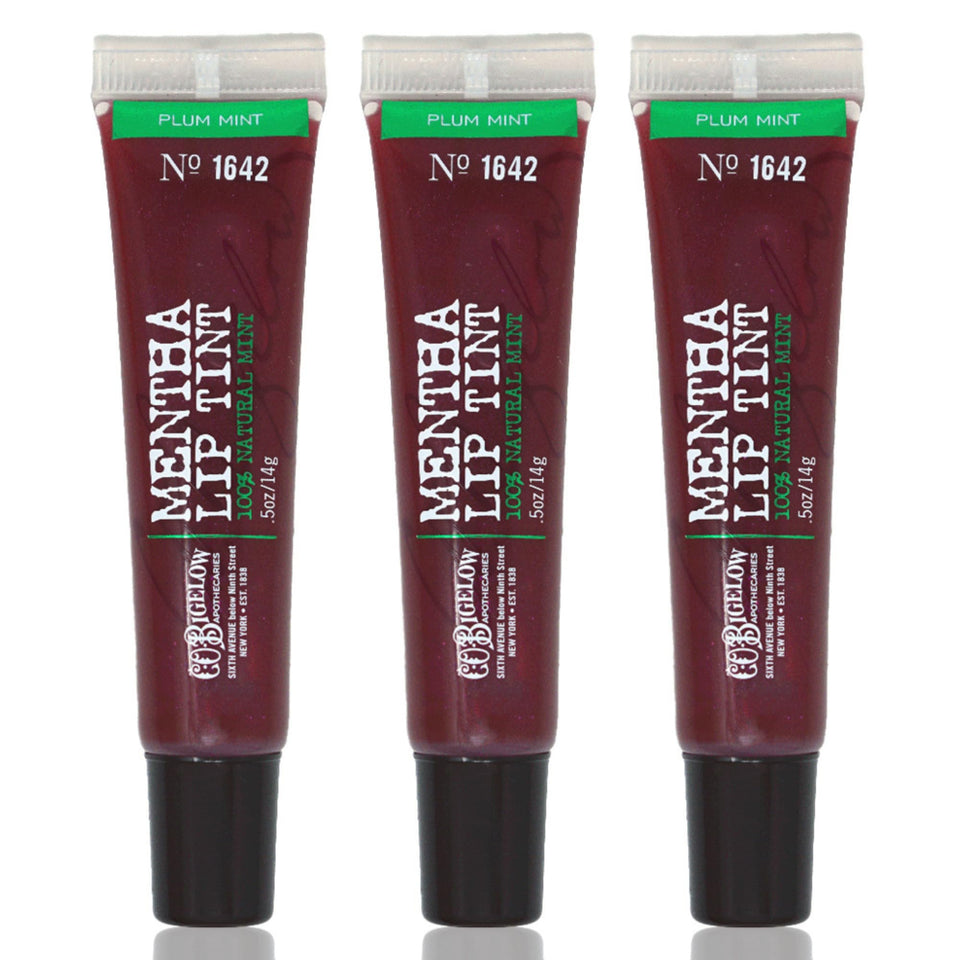 C.O. Bigelow front packaging showing trio and glossy plum tint benefit