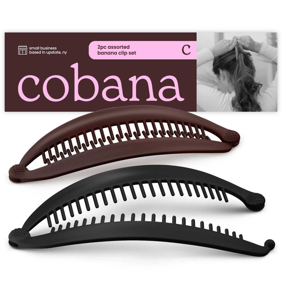 Cobana clip front view showing smooth curve and neutral color, secure styling benefit