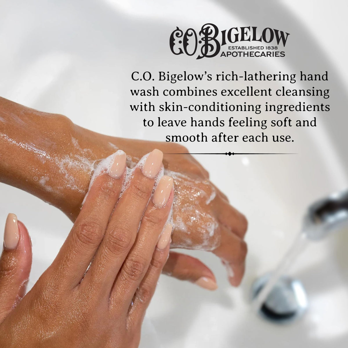 C. O. Bigelow creamy lather on hands demonstrating gentle moisturizing benefit