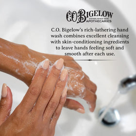 C. O. Bigelow creamy lather on hands demonstrating gentle moisturizing benefit