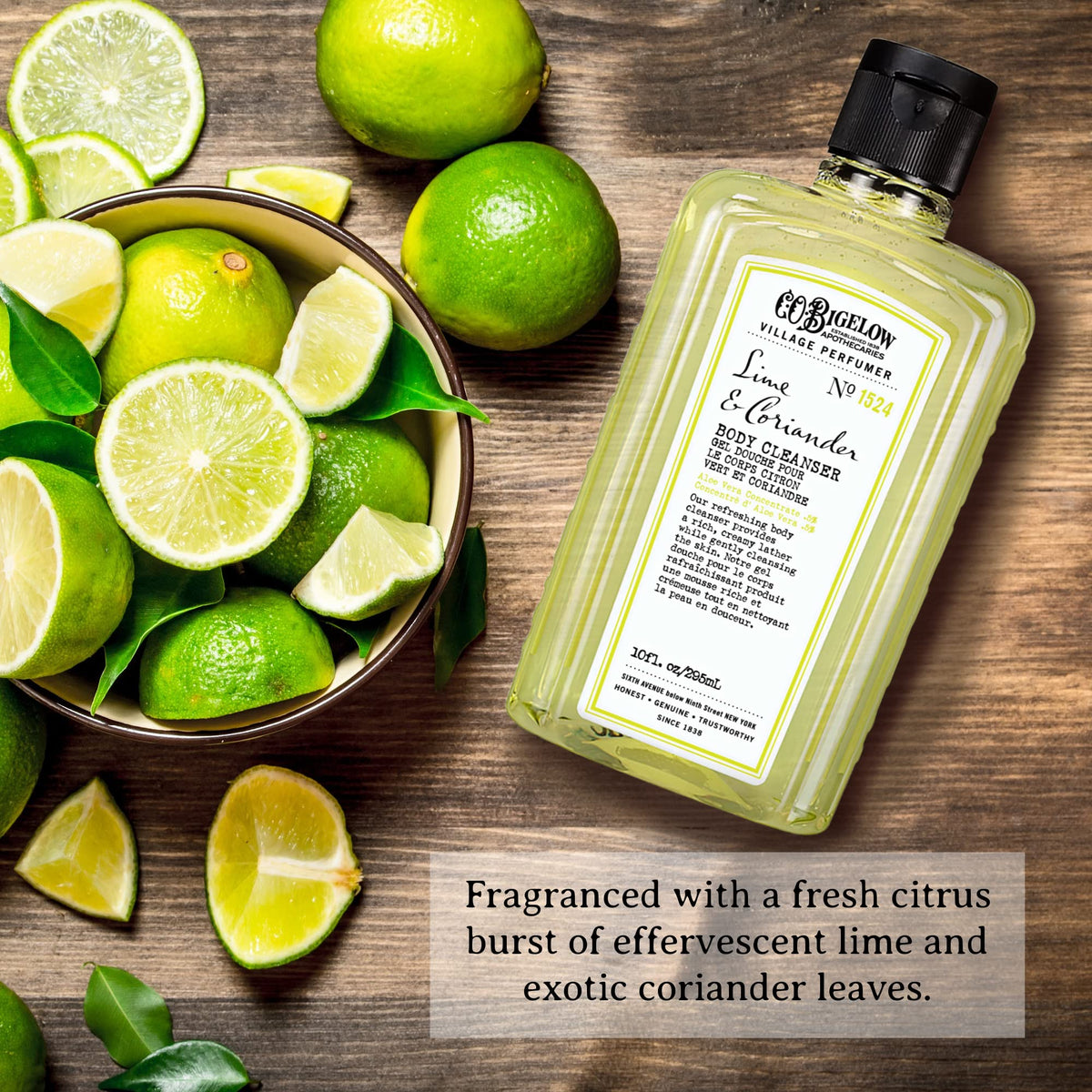 C. O. Bigelow label close-up highlighting ingredients and gentle formulation