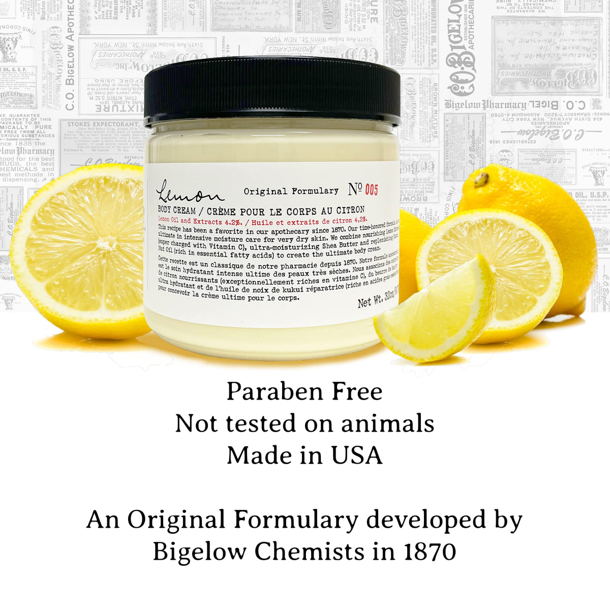 C. O. Bigelow label close-up showing ingredients and lemon extract benefit