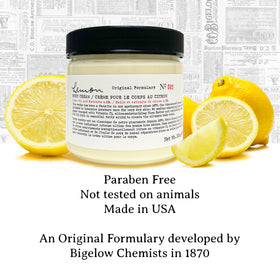 C. O. Bigelow label close-up showing ingredients and lemon extract benefit