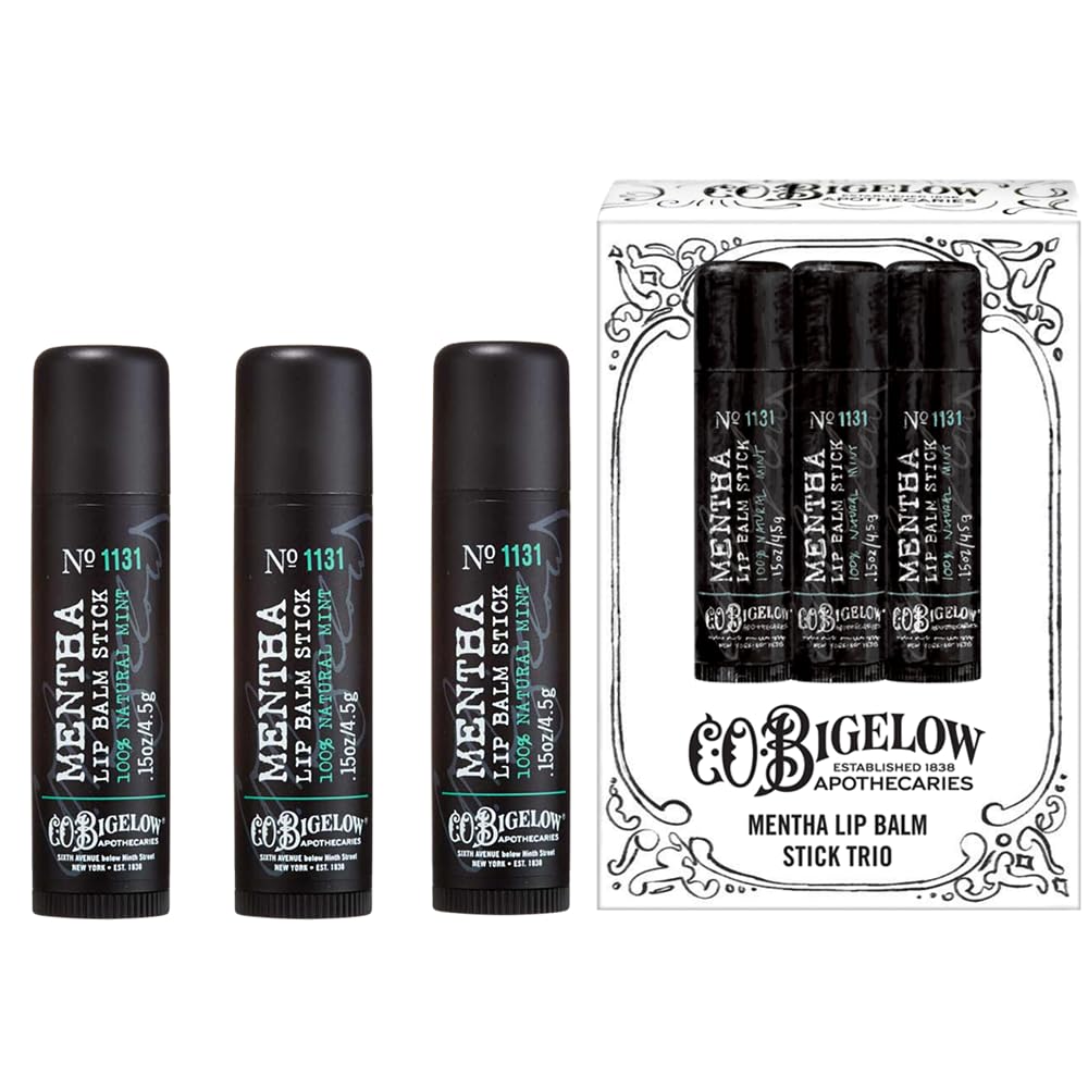 C. O. Bigelow front packaging showing three mentha lip balm sticks for convenient hydration