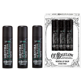 C. O. Bigelow front packaging showing three mentha lip balm sticks for convenient hydration