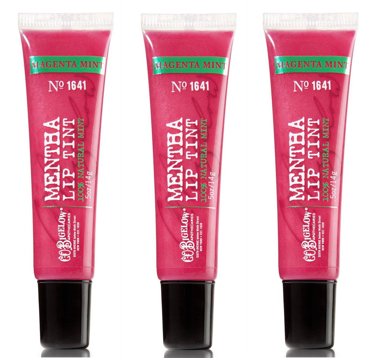 C. O. Bigelow Mentha lip tint front packaging showing magenta mint shade and cooling benefit
