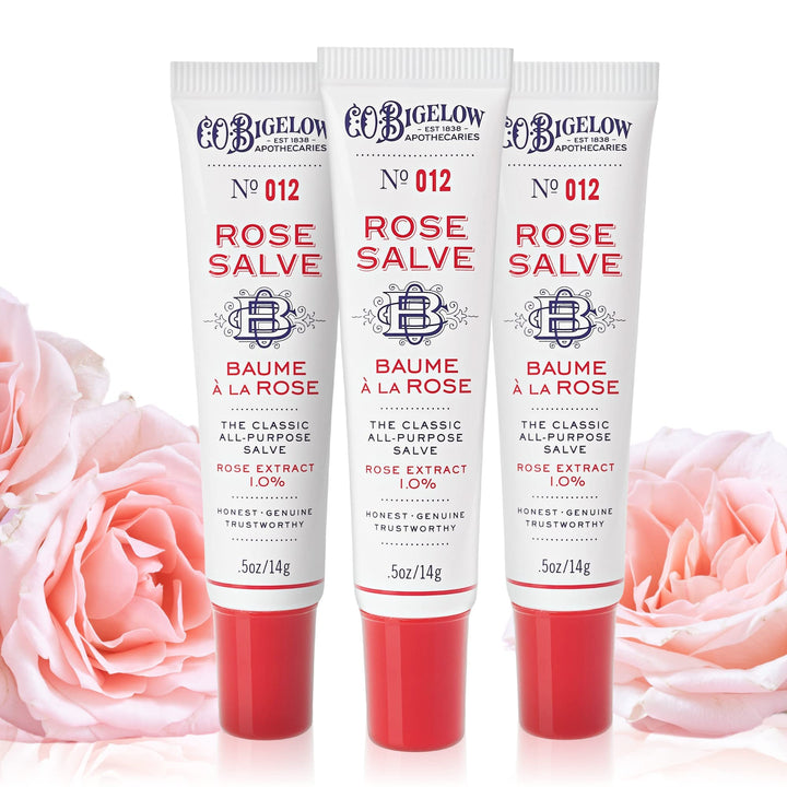 C. O. Bigelow front view of three rose salve tubes shows compact pack convenience