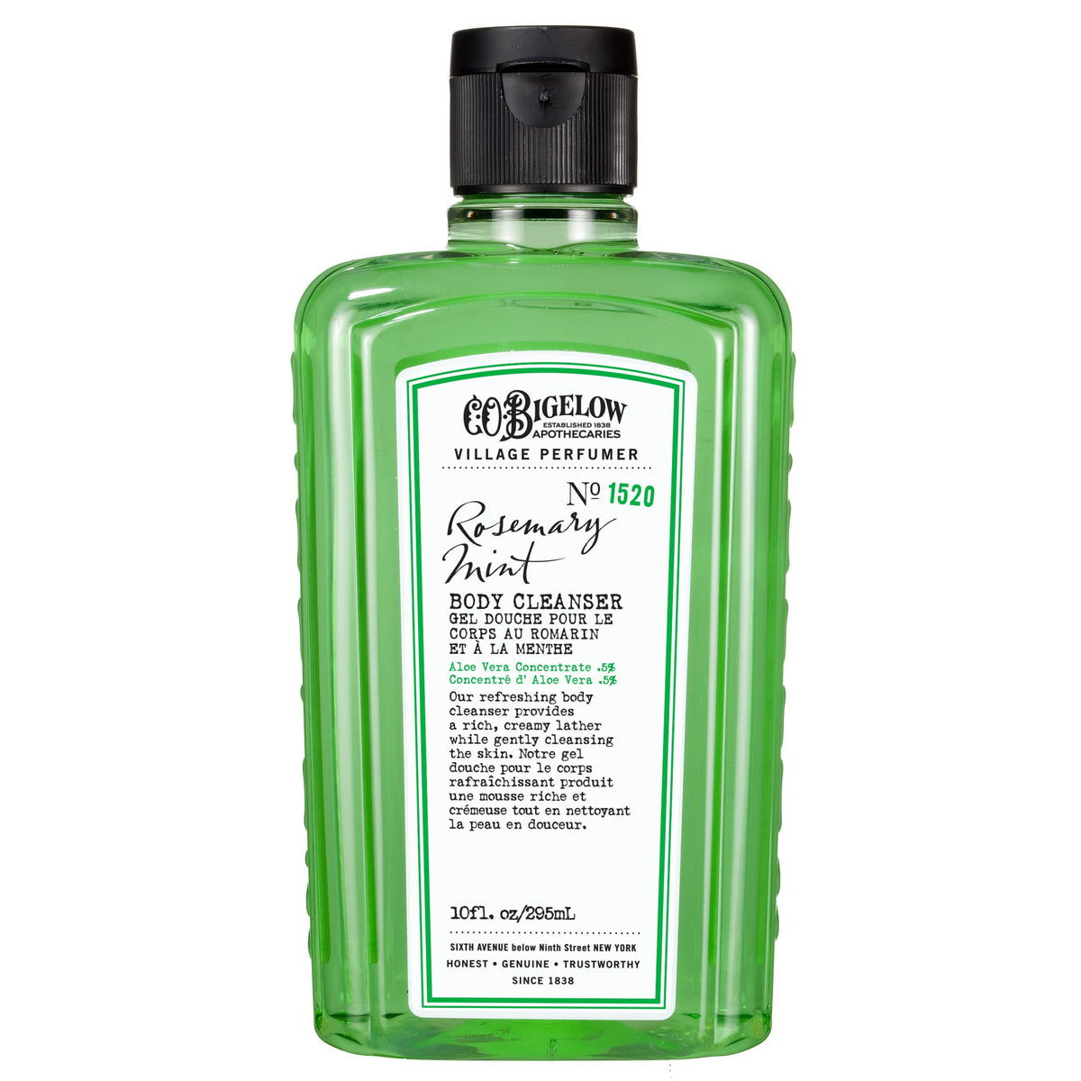 C. O. Bigelow bottle in shower scene illustrating refreshing routine benefit