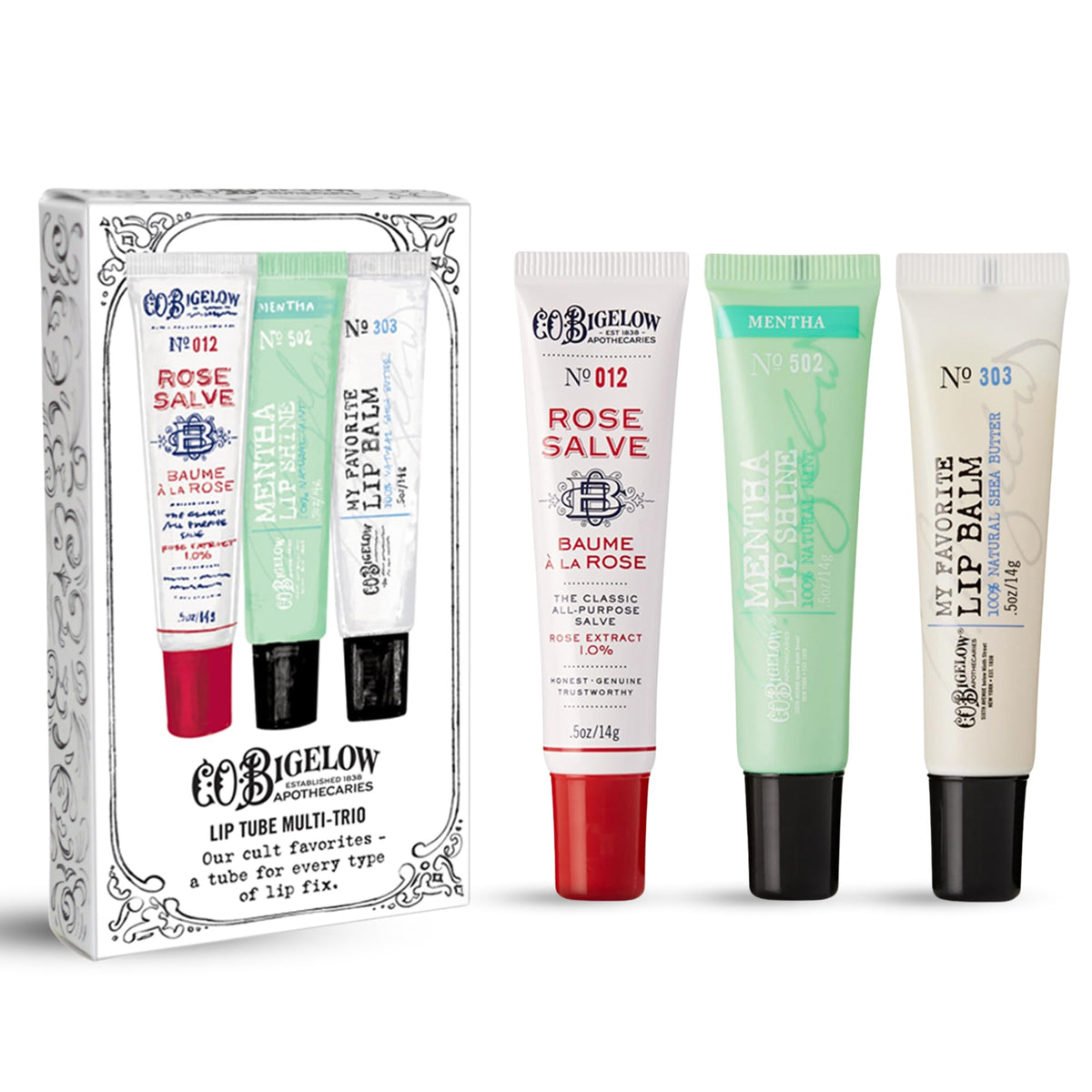 C. O. Bigelow trio front packaging showing three tubes for easy selection