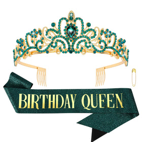 COCIDE front view of green tiara and gold sash showing complete set for standout birthday photos