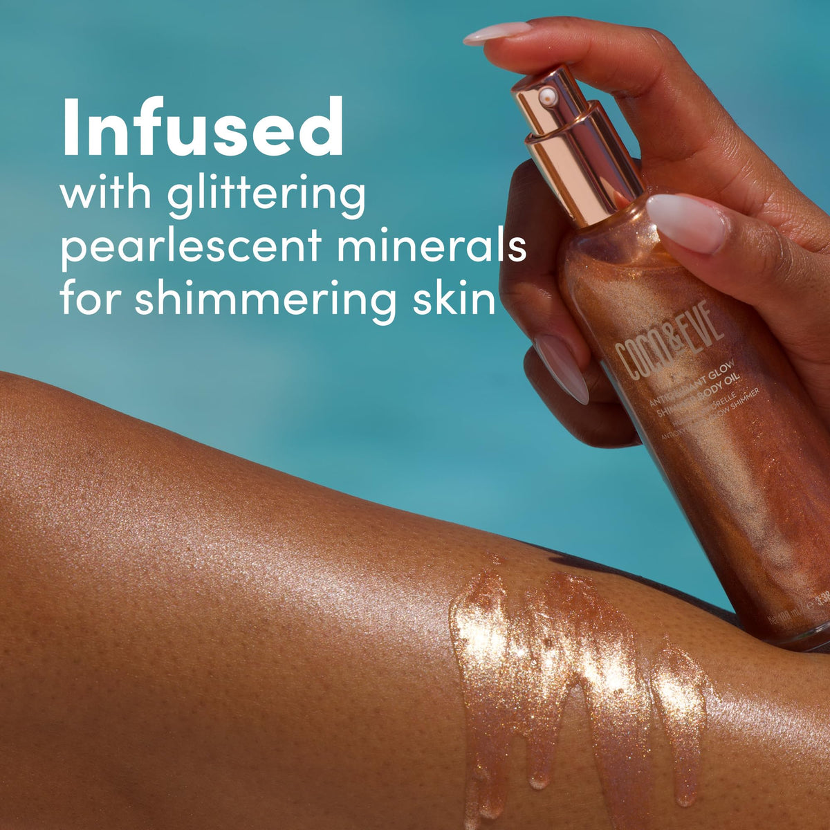 Coco & Eve applied on model arm demonstrating radiant sheen and even coverage benefit: visible luminosity